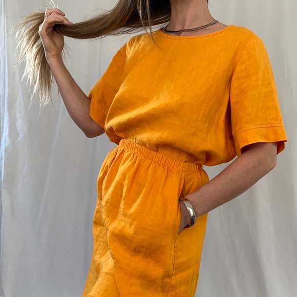 Vintage linen skirt and blouse set by FLAX, canary yellow orange - Picture 3 of 6